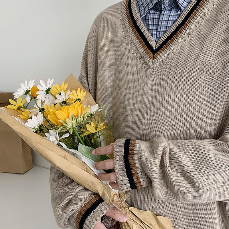 Vneck Spliced Pullover Sweaters Men Autumn Vintage Knitted Clothing Loose Student Harajuku BF College Japanese Jumper Homme Top 220817