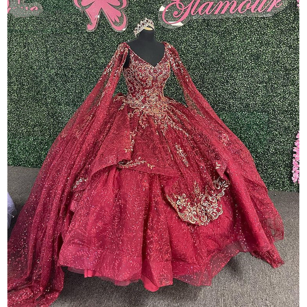 Burgundy Quinceanera Dress with cape sleeve Sweet 16 vestidos para 15 quinceanera vestidos de xv anos 2022 estidos para 15 nera