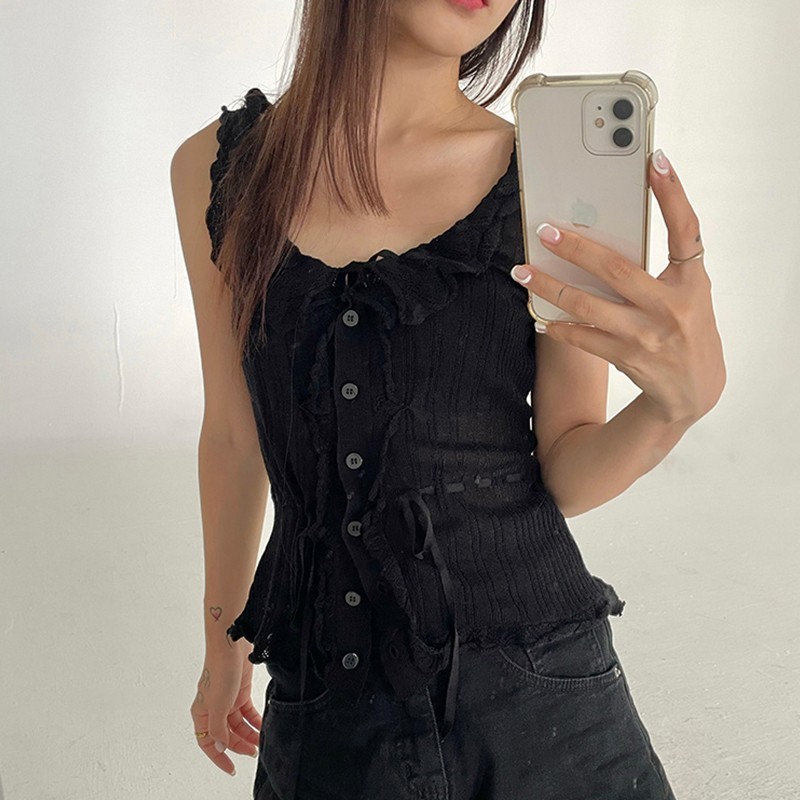 Karrram Casual Solid Vest For Women V Neck Sleeveless Patchwork Lace Up Bowknot Slim Tank Top Female Summer Fashion Stylish 220325