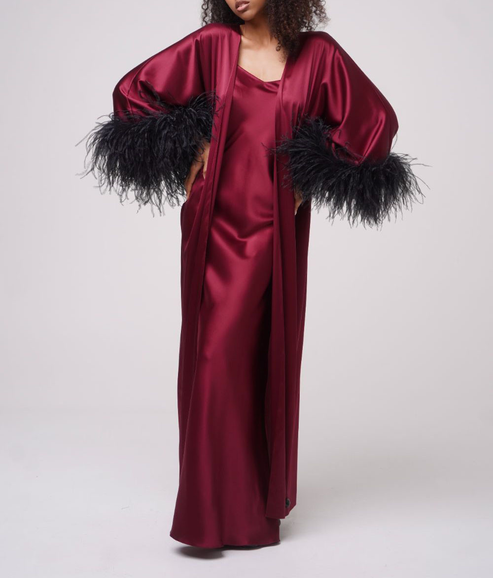 Burgundy Satin Silk Party Sleepwear Dresses Women Long Maternity Feather Robes Custom Made Robe Evening Dress