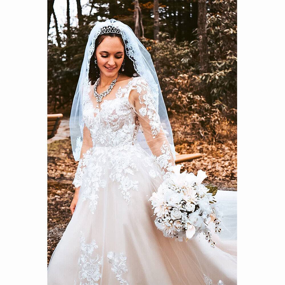 Romantic Long Sleeve Country A Line Wedding Dress Champagne Lining And Ivory Floral Lace Bridal Gowns Bohemian Fall Spring Long Train Bride Dresses