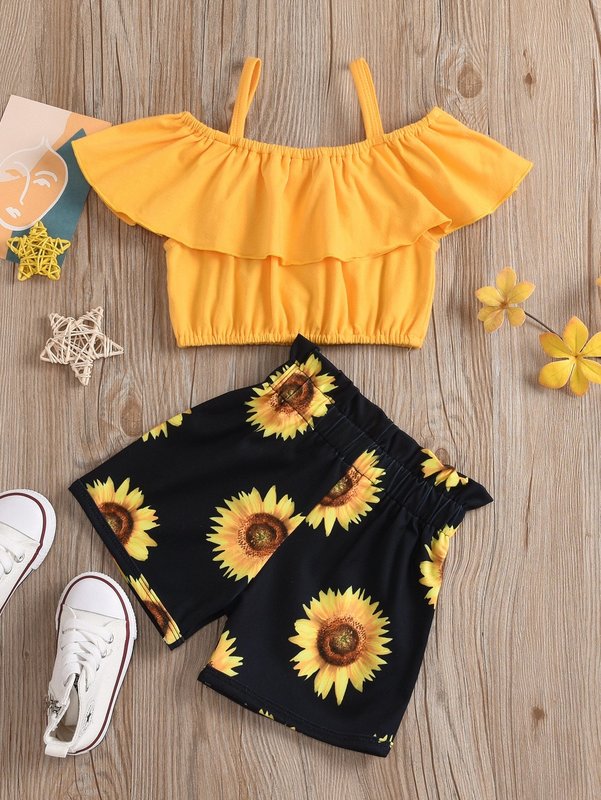 Toddler Girls Solid Flounce Trim Crop Top & Sunflower Print Shorts SHE