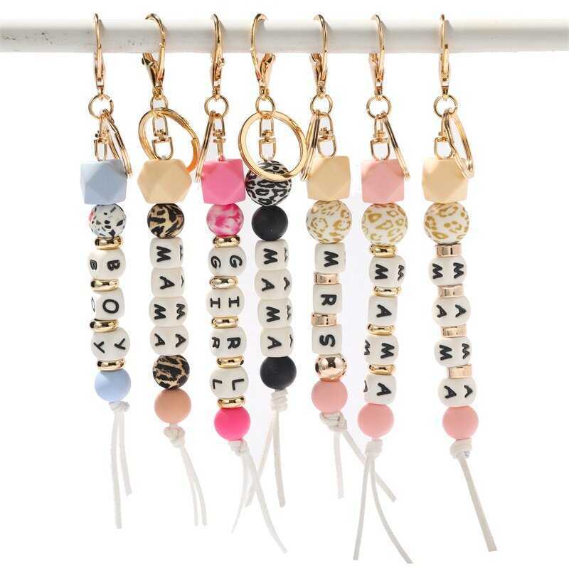 New Mother's Day Gift Leopard Print Silicone Wood Bead Mama Keychain For Mom