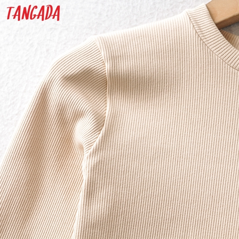 Tangada Women Basic Strethy Crop Cotton T Shirt Long Sleeve O Neck Tees Ladies Casual Tee Street Wear Top CH7 220321