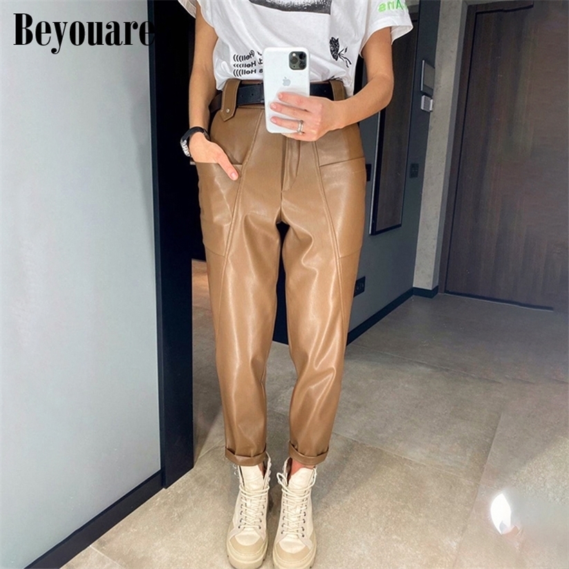 Beyouare Faux Leather Trousers Vintage Casual PU Women High Waist Big Pockets Straight Pant Autumn Elegant Lady s 220325