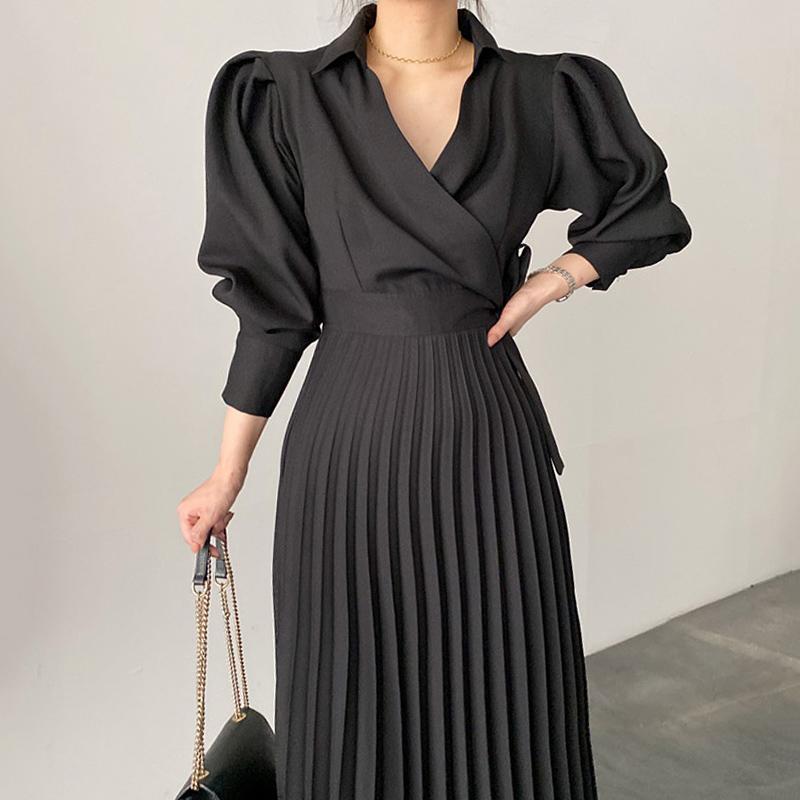 Black Maxi: Elegant High Waisted Dress, Long Sleeve Casual Dresses for Spring & Autumn Parties - A-Line Pleated Vintage Maxi Dress C260311