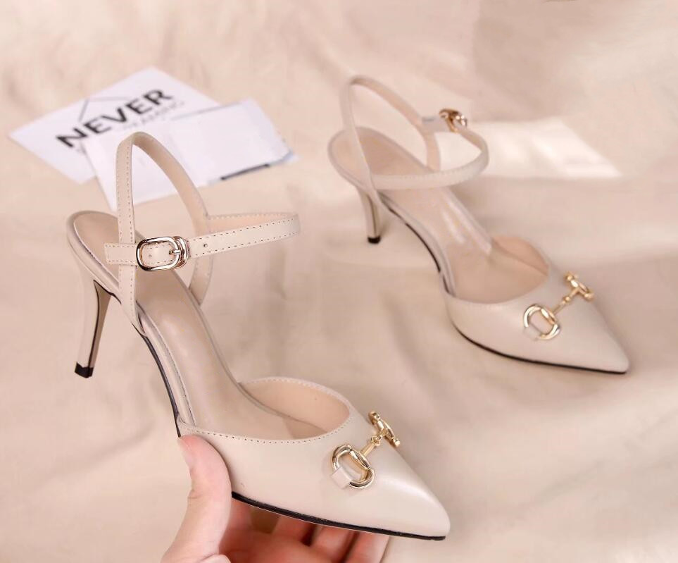 Classic Ladies Sandals Stiletto Heel Pointed Toe Ankle Strap Combination Buckle Front Strap Metal Chain Decorative Dress Casual Banquet Size 35-42