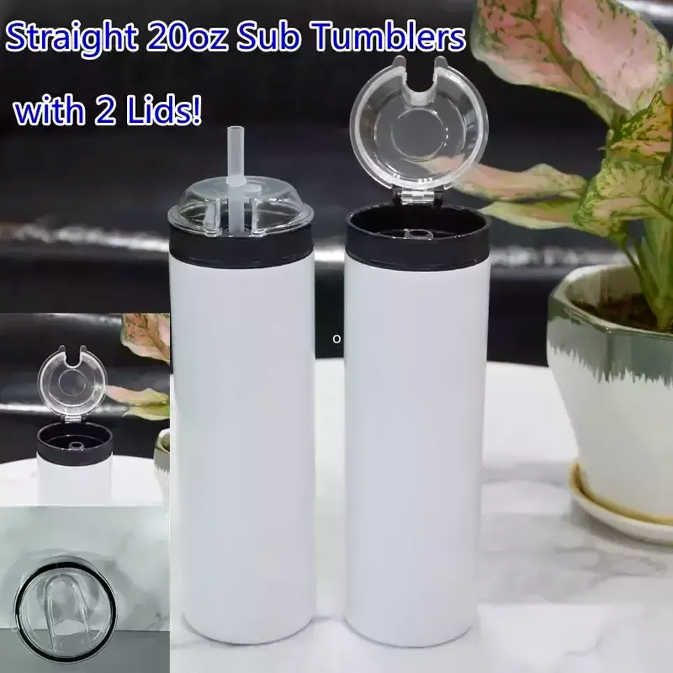 2 in 1 Sublimation Blanks Mugs 20oz Straight Tumbler with Two Lids Straw Stainless Steel Double Walled Insulated Vacuum Water Bottles DIY Custom 7 Colors sxmy28, As pic