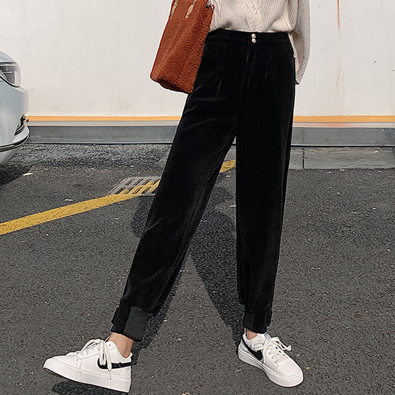 JMPRS Winter Corduroy Pant Thick Warm Plus Size Fashion Zipper Elastic High Waist Pencil Pant Causal Loose Baggy Trousers 220325