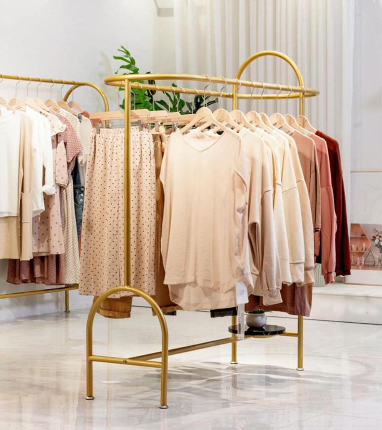 Corridor rack Commercial Furniture clothing store creative circular shoe shelf double row floor type golden clothes hanger women's cloth shopping