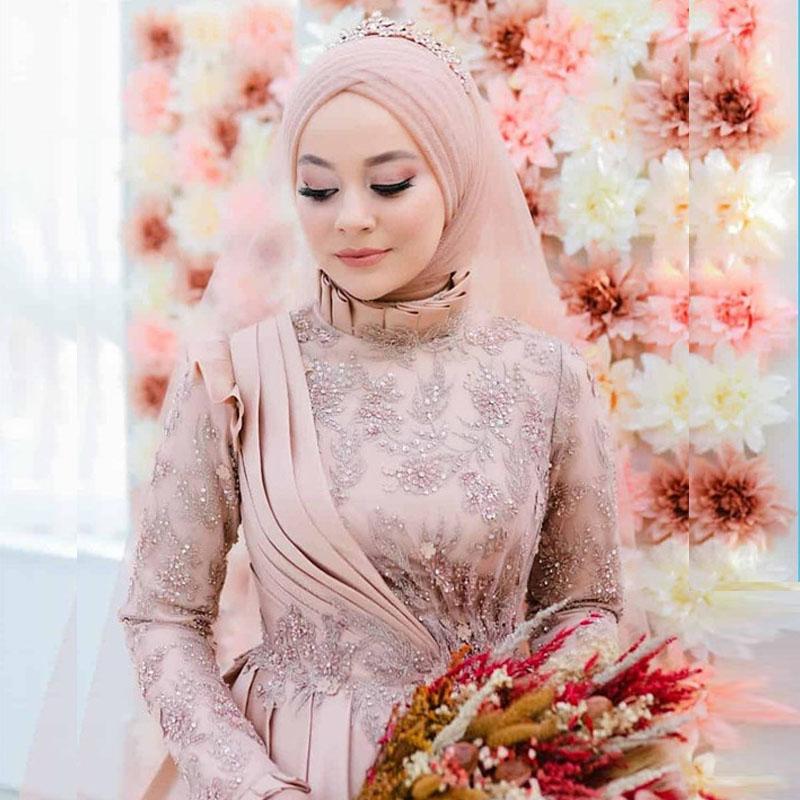 Muslim High Neck Long Sleeves Wedding Dress Appliques Lace Beaded Pink Bridal Gowns Arabic Islamic Women A Line Hijab Wedding Dresses Custom Made