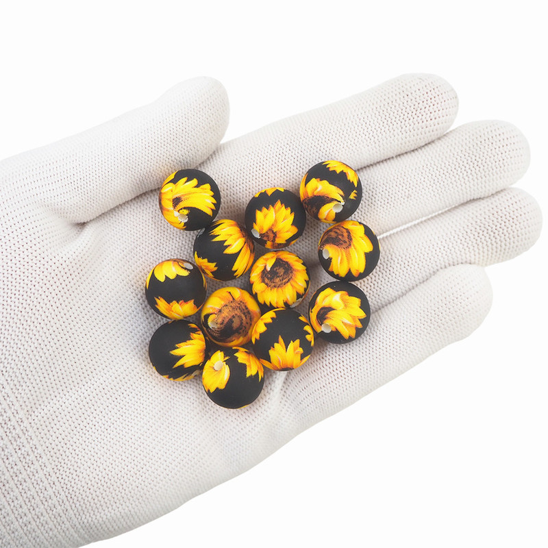 Chenkai 50PCS 15mm Sunflower Print Silicone Beads Baby Round Shaped Beads Teething BPA Free DIY Sensory Chewing Toy Accessories 220328