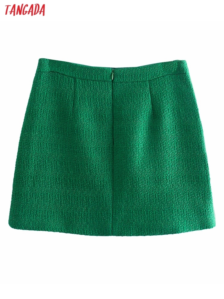 Tangada Women Green Tweed Skirts Faldas Mujer Zipper French Style Female Mini Skirt 8Y195 220317