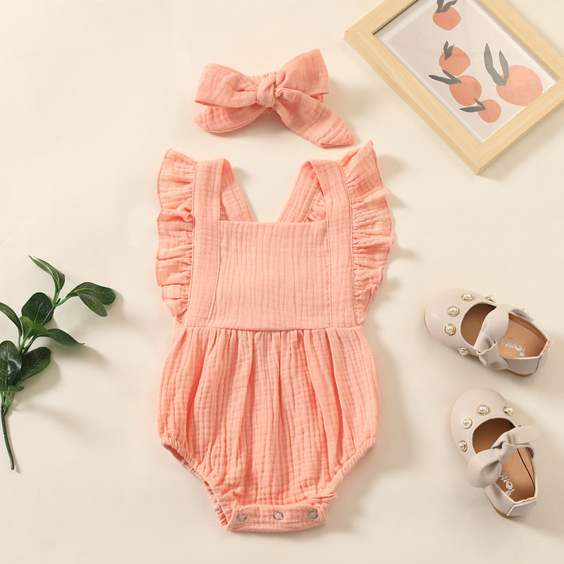 Summer born Infant Baby Girls Romper Headband Muslin Sleeveless Rompers Kids Onepiece Fashion Baby Clothing 220707