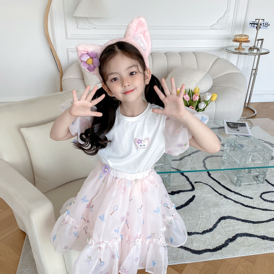Childrens Party Clothes Girls Cotton T-Shirt Lace Skirt Set - Cute Pink Outfit for Kids y250607FNMD