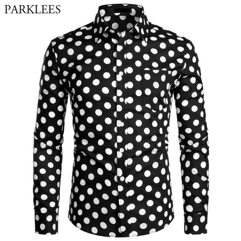 Black White Polka Dot Shirt Men Chemise Homme Casual Button Up Mens Dress Shirts Garden Point Camisas Masculina USA Size XS-XXL 220322