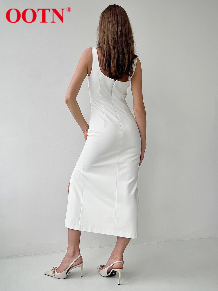 OOTN Elegant Women Dress Slit V-Neck Tank Slender Midi Dress Backless Stretch Office Sleeveless Party Summer Bodycon Dress Lady 220511