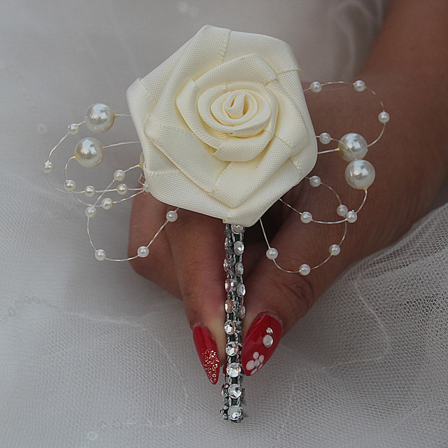 nEuropean Wedding Flowers Groom Groomsmen Boutonniere Wedding Prom Men Suit Lapel Pin Silk Ribbon Ceremony Flower Brooch