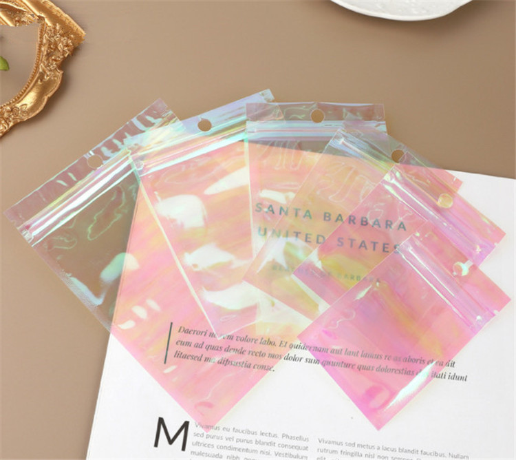 100pcs Cute Rainbow Film Laser Self Sealing Packaging Bags Resealable Jewelry Trinkets Nail Beauty Eyelashes Beads Snack Coffee Beans Hanging Hologaph