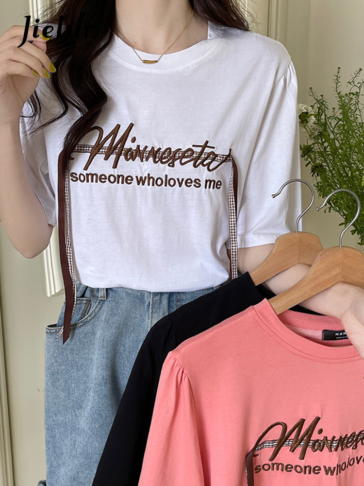 Jielur Basic Letter Embroidery Tops Shortsleeved Womens Tshirts Summer Korean Style White Black Pink T shirt MXL 220615
Jielur Basic Letter Embroidery Tops Shortsleeved Womens Tshirts Summer Korean Style White Black Pink T shirt MXL 220615