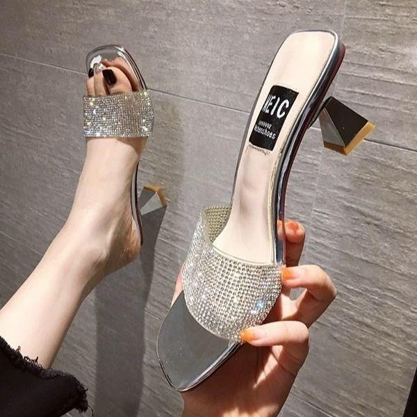 Dress Shoes Women Sandals Summer Open Toed High Heels Transparent Heel Slippers Woman Party Discount Pumps Sequined Cloth GladiatorDress, Black