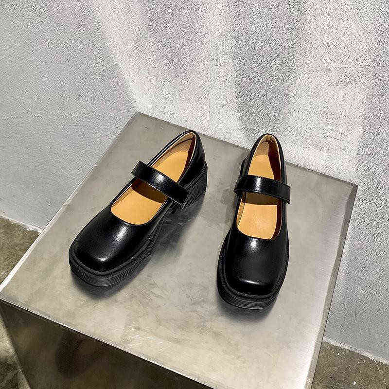 Dress Shoes Gothic Chunky Platform Wedges Mary Jane Women White Black Leather Low Heels Sandals Ladies Lolita Flats Fashion Loafers 220518