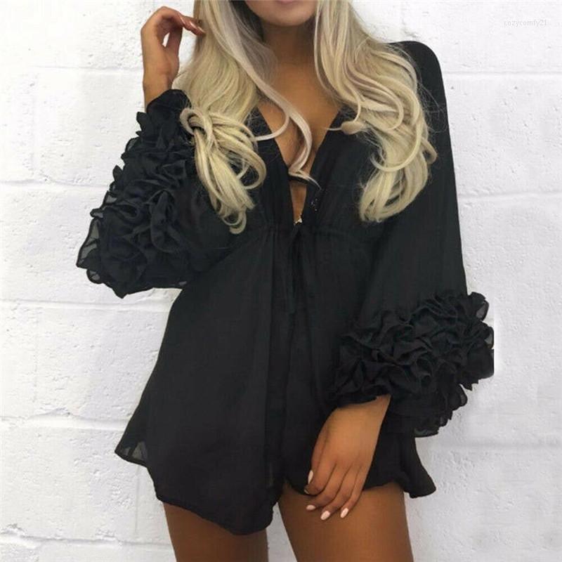 Fashion Womens Solid Long Sleeve Deep V-Neck Swimwear Beach Bikini Cover Up Summer Kaftan Shirt Dress Women's