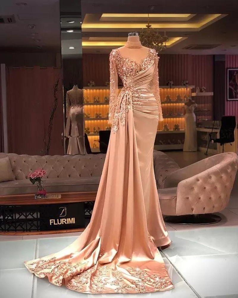 Nude Pink Mermaid Prom Dresses Sexy V Neck Long Sleevels Satin Appliques Sequins Ruffles Plus Size Luxury Crystal Prom Gowns Floor Length Custom Made 