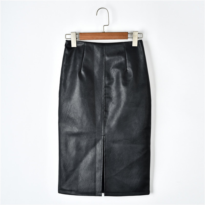 Winter Korean PU Leather Skirts Women High Waist Straight Midi Sexy Skirt Plus Size Solid Split 10091 220317