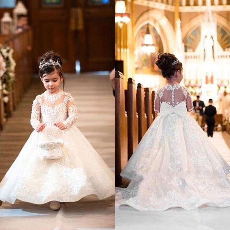 2022 Cute White Lace Little Kids Flower Girl Dresses Princess Jewel Neck Tulle Applique Puffy Floral Formal Wears Party Communion Pageant Gown Bc9309
