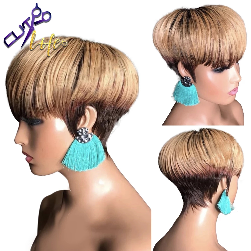 Short Pixie Straight Bob T1B/33/27 Human Hair Wig Ombre Brown No Lace Wigs With Bangs Brazilian Remy Hair For Black Women