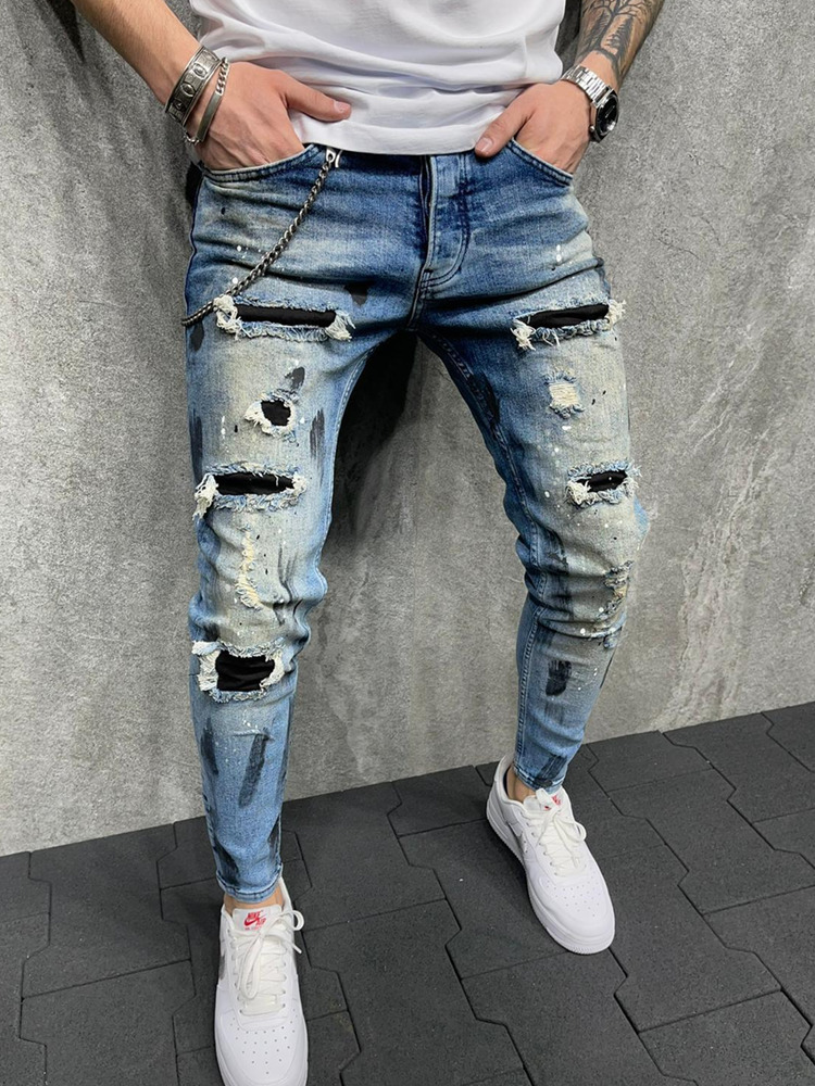 Mens Jeans SlimFit HIP HOP Ripped jeans Man Painted printed Pencil Denim pants fashion Patchwork Moto Biker Cowboy Beggar Trousers 220831