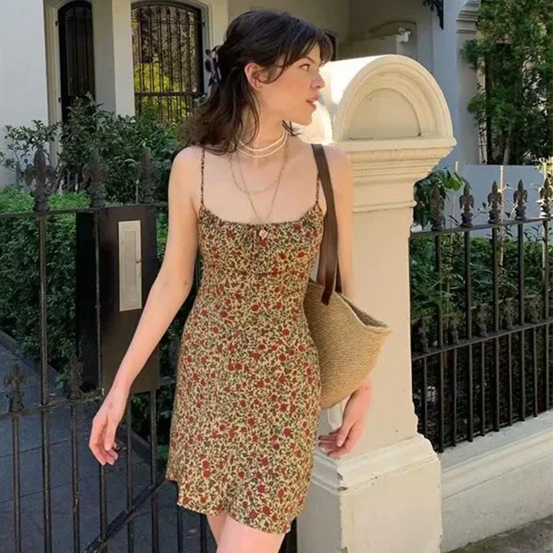 Foridol Strap Sleeveless Print Boho Summer Dress Long Women Green Floral Yellow Dresses Sundress Vintage French Style Dress 220429