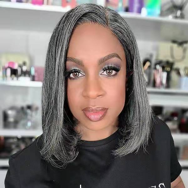 Custom Salt&pepper color grey bob human hair wig for black women with bang fringe hairpiece silver two tone blend natural daily use 150%density short 