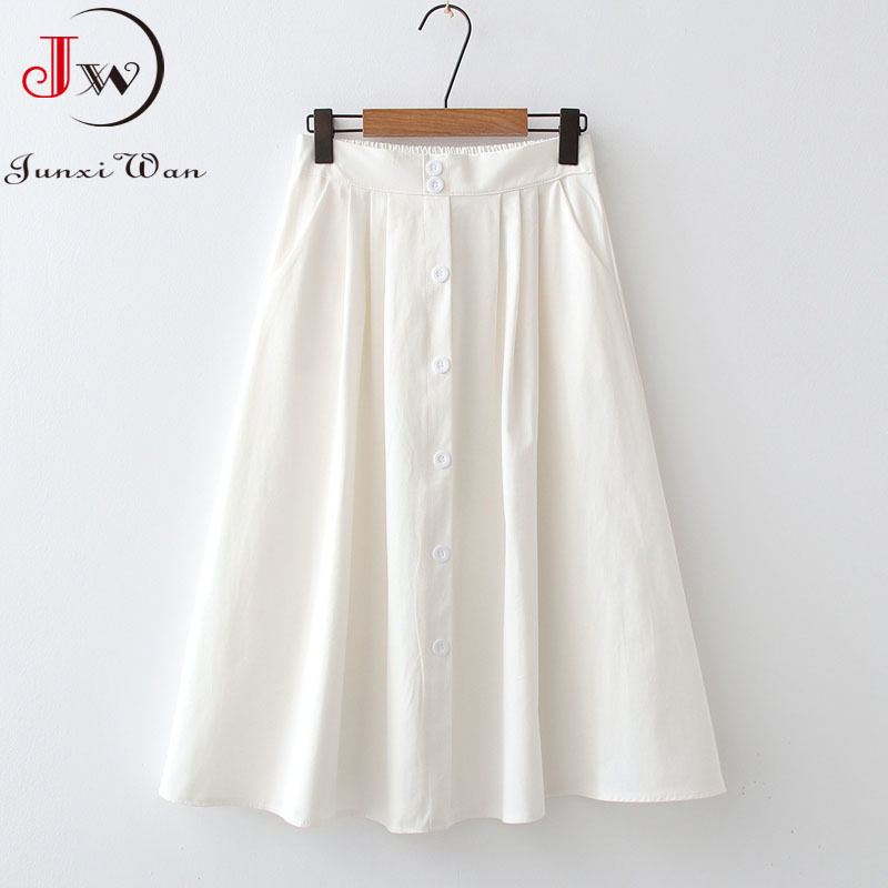 Women Summer White Cotton Skirt Saia Casual Solid High Waist ALine Elegant Chic Office Ladies Midi Skirts Faldas Jupe 220701