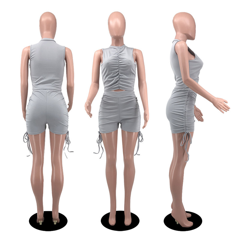 New Wholesale Women Summer Tracksuits Solid Outfits Sleeveless Shirring T Shirt Bandage Shorts Two Piece Set Casual Sports Suits Fitness clothes Bulk 