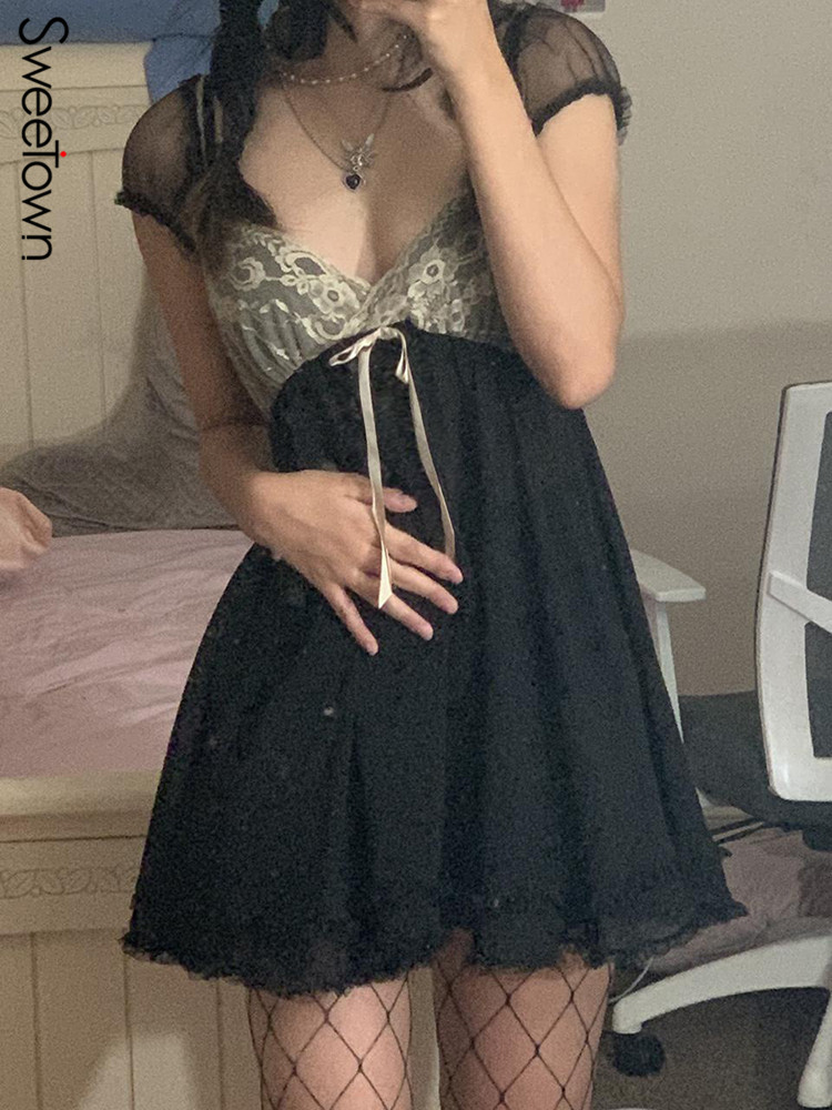 Sweetown Patchwork Lace Cute Y2K Chiffon Dresse Square Collar Elegant Grunge Fairycore Clothes Ruffles Short A Line Dress D220611