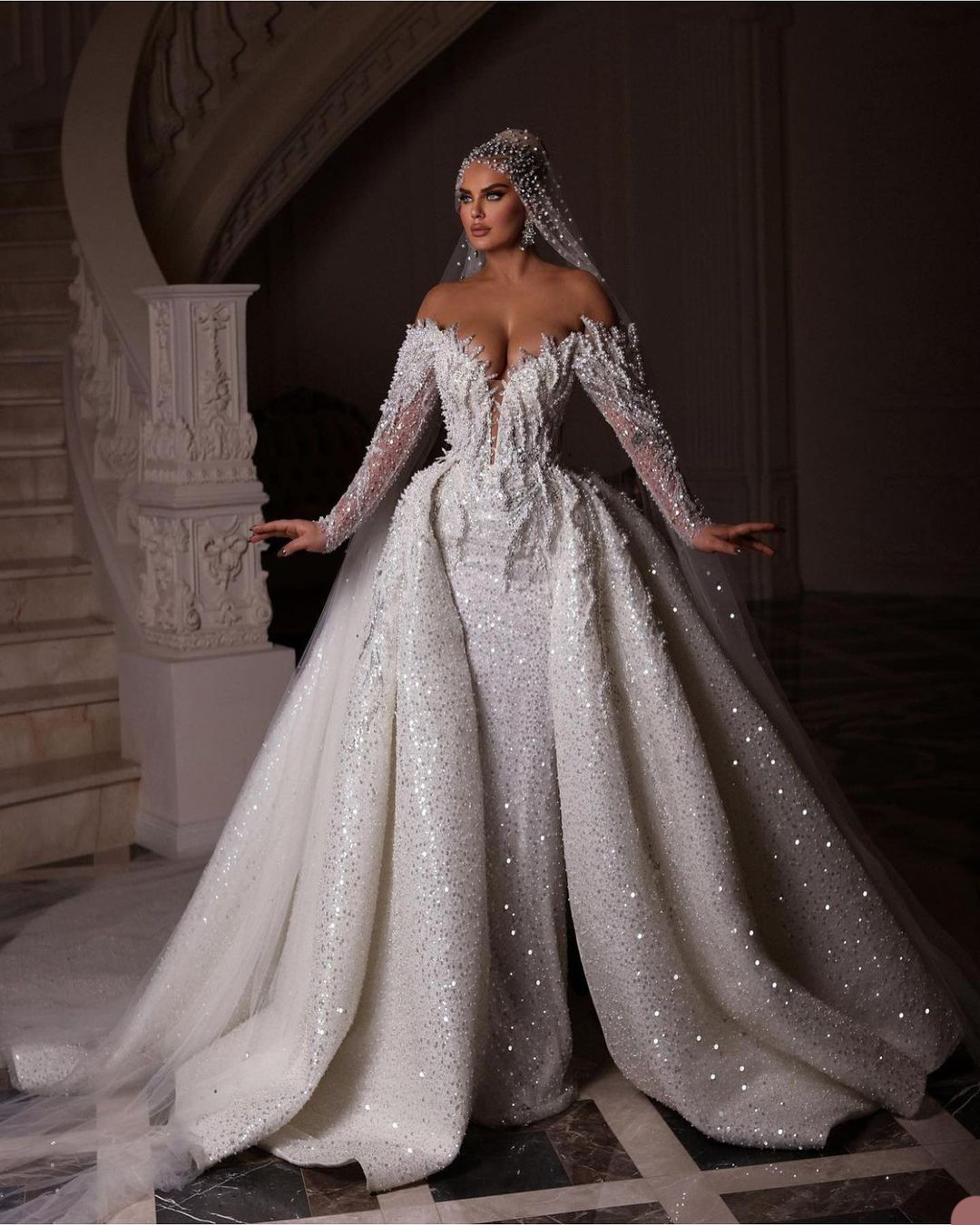 Sequined Pearl Mermaid Gowns Detachable Train Off Shoulder Dress Custom Made Long Sleeve Mariee Marriage Wedding Gown