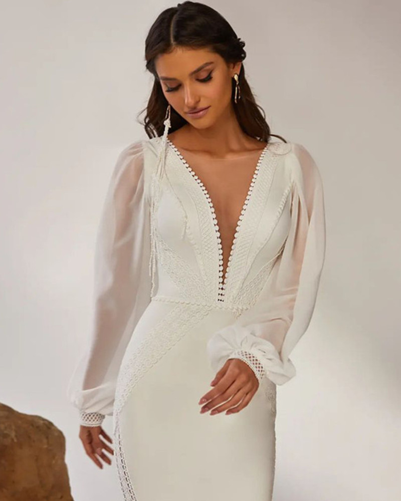 Elegant Deep V-Neck Mermaid Wedding Dress 2025 Sexy Long Chiffon Sleeves Wedding Gown With Train Backless Vestido De Noiva
