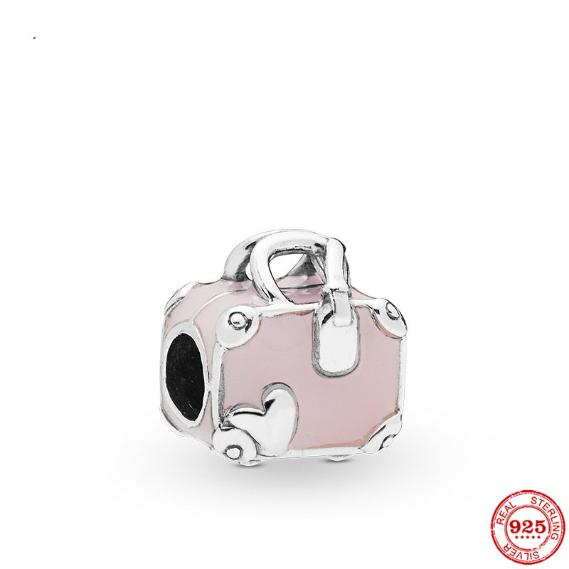 925 Silver Charm Beads Dangle Pink Travel Bag Suitcase Handbag Backpack Bead Fit Charms Bracelet DIY Jewelry Accessories