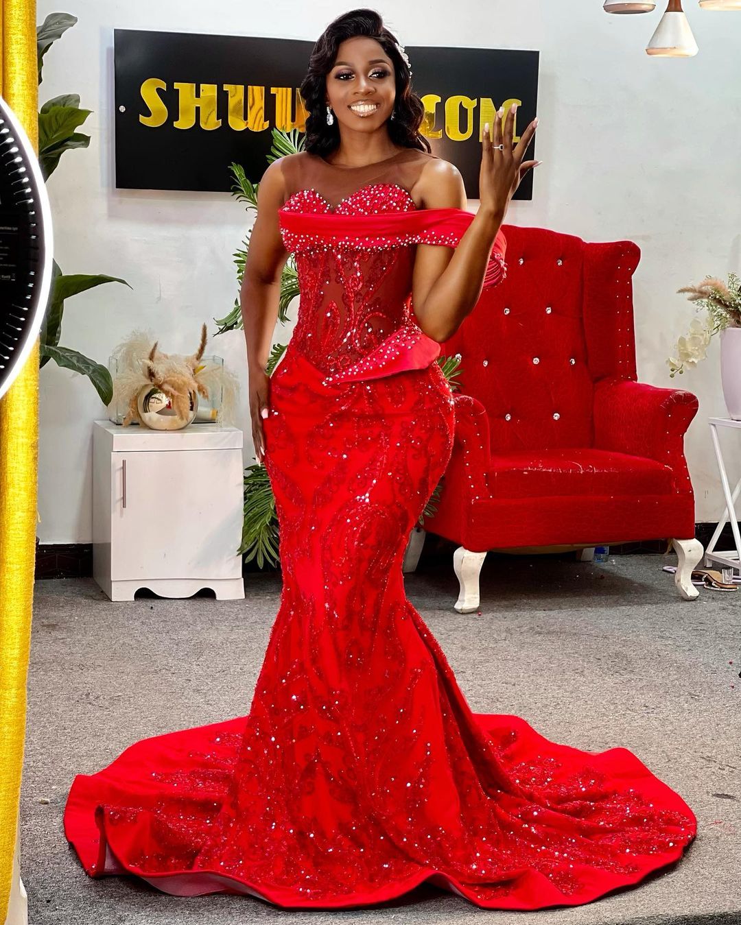 2022 Plus Size Arabic Aso Ebi Red Luxurious Mermaid Prom Dresses Beaded Sheer Neck Evening Formal Party Second Reception Birthday Engagement Gowns Dre