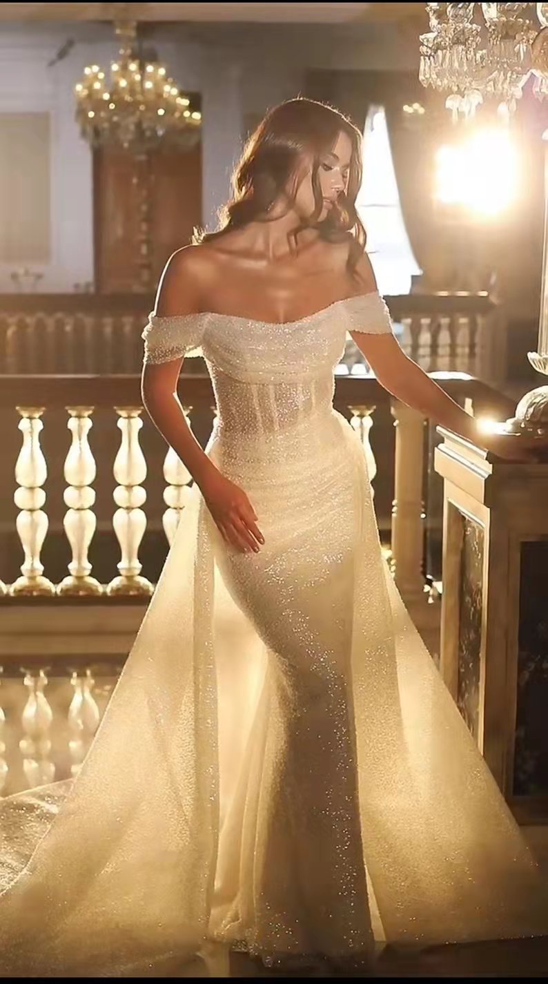 Glitter Mermaid Sequin Wedding Dress Detachable Train Off The Shoulder Tulle Bridal Gowns Boho Vestido De Novia