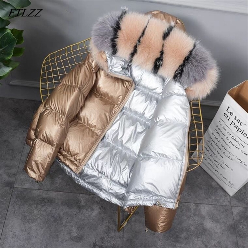 FTLZZ New Gold Silver Double Side Down Coat Winter Jacket Women Big Aritificial Fur White Duck Down Parkas Female Down Outerwear 201019