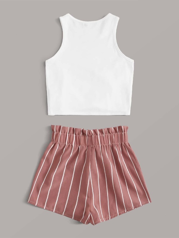 Girls Tie Hem Tank Top & Paperbag Waist Knot Detail Striped Shorts Set SHE