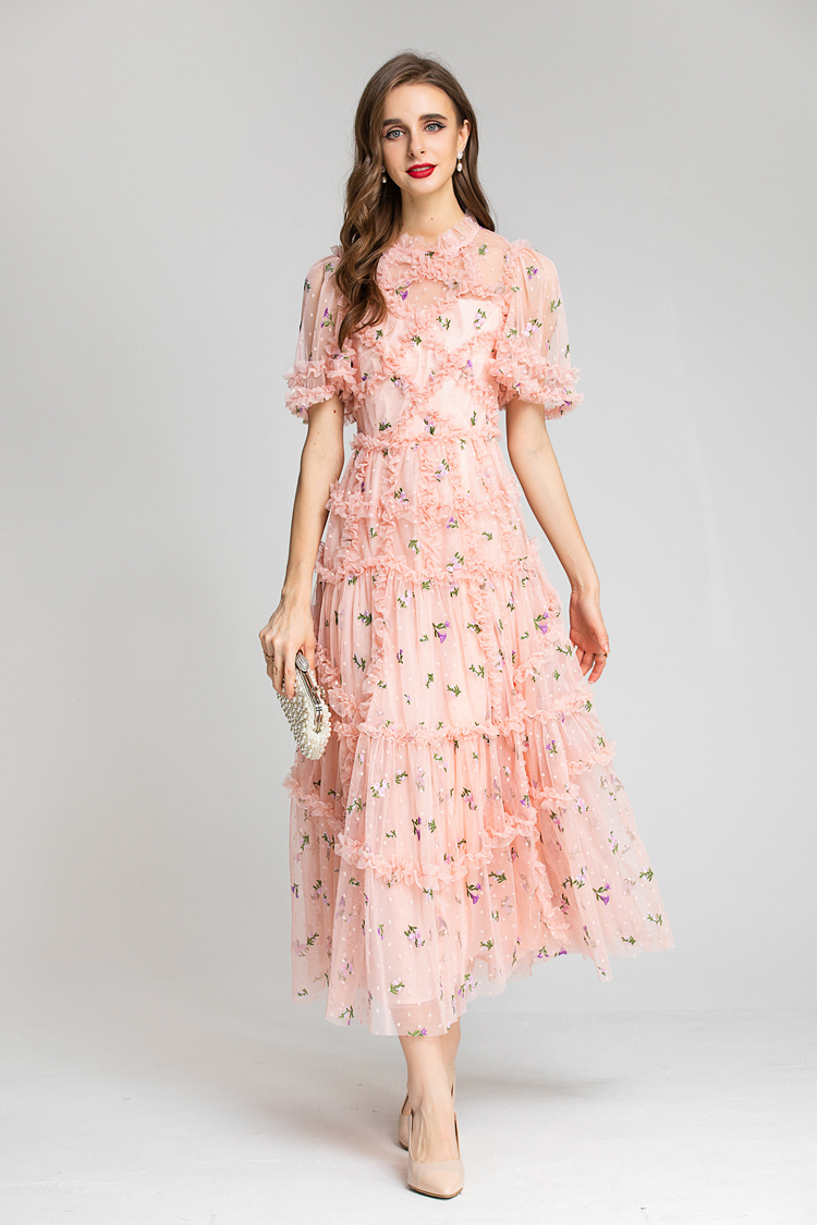 Women's Runway Dresses O Neck Short Sleeves Embroidery Ruffles Printed Elegant Long Party Evening Prom Gown