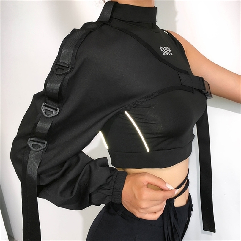 Cool Ladies Reflective Patchwork Ribbons Pullover Women One Shoulder Long Sleeve Choker Crop Tops Ultra Short Hip Hop Hoodies 220812