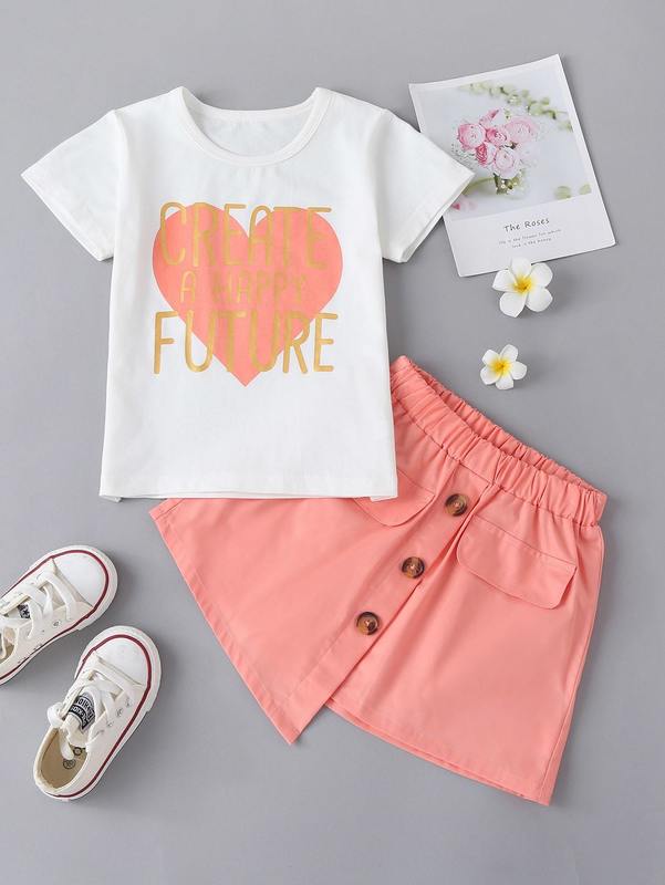 Toddler Girls Heart And Slogan Graphic Tee & Asymmetrical Skirt SHE