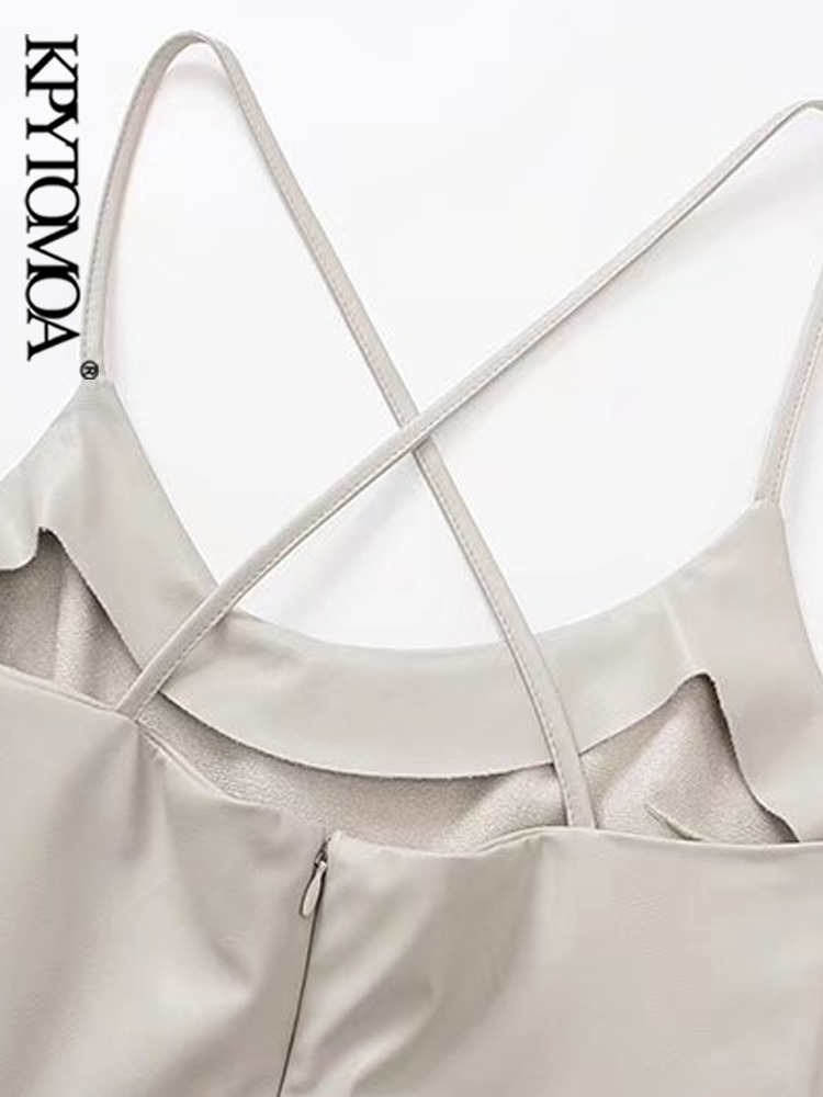 Women Fashion Front Slit Faux Leather Midi Camisole Dress Vintage Backless Zipper Thin Straps Female Dresses Mujer 220526