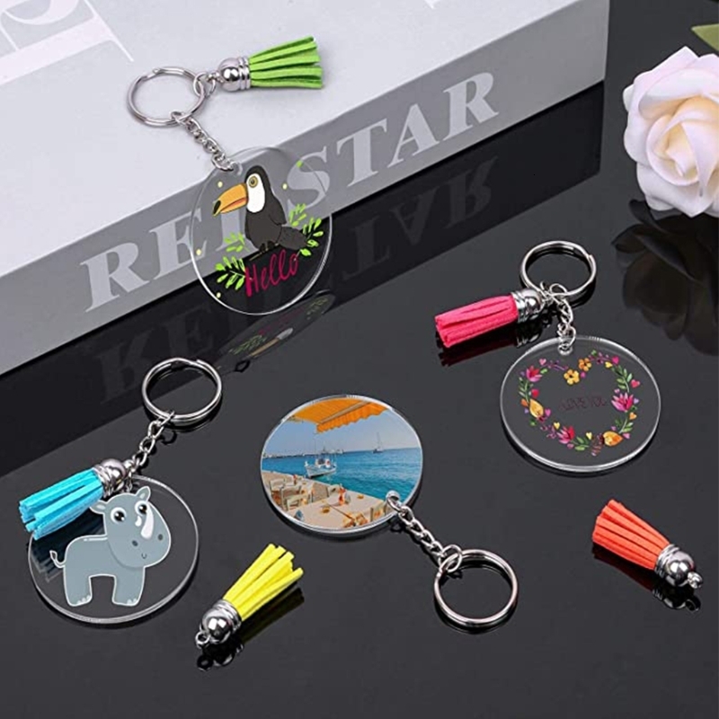 Keychains Lanyards 200 Pcs Acrylic Keychain Blanks Kit with Key Rings Jump Rings Round Clear Discs Circles Colorful Tassel Pendants for DIY 230206
