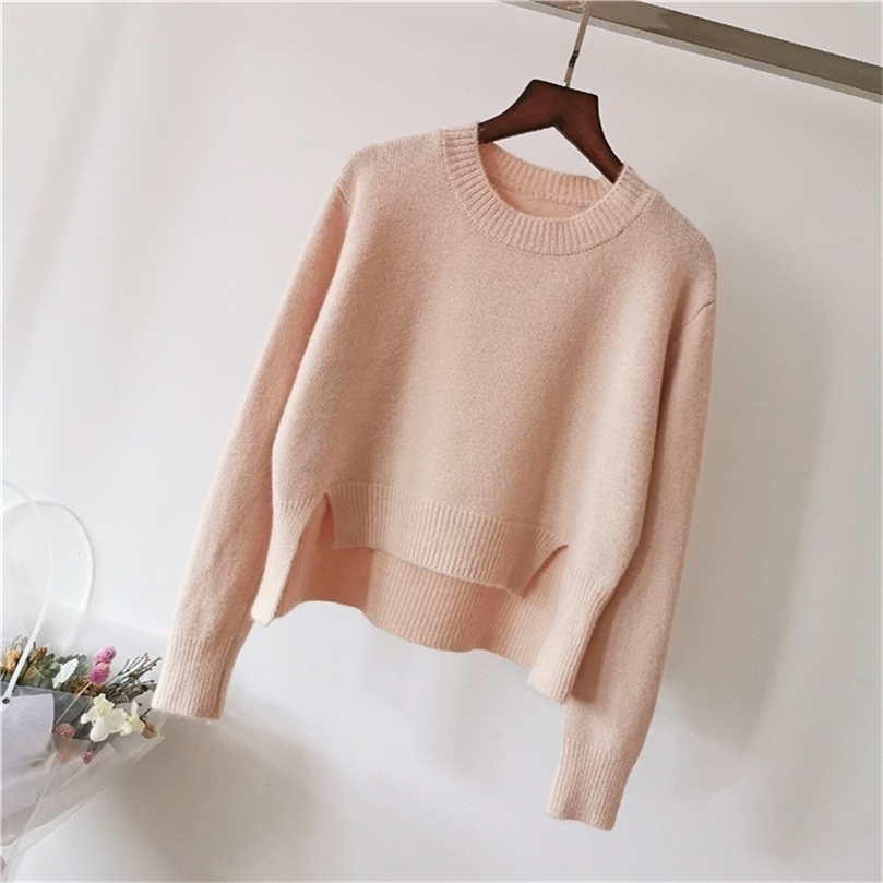 Sweater Women Front Short Back Long Round Collar Autumn Korean Fashion Full Sleeve Solid Color 201223